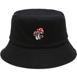 Mushrooms Embroidery Black Bucket Hat Beach Sun Hat Fishing Hat for Women Men Summer Sun Protection Fisherman Hat