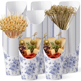 300 Pcs Blue Floral Charcuterie Cups with Sticks 100 Pcs 12 oz Chinoiserie Flower Paper Snack Appetizer Cups with 200 Cocktail Picks Disposable French Fry Holder for Wedding Bridal Party Decor