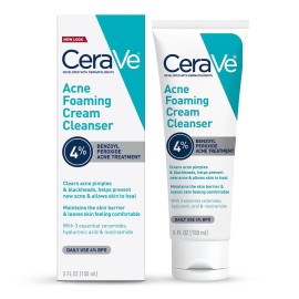 Cerave Acne Foaming Cream Cleanser, 4 Benzoyl Peroxide Face Wash With Hyaluronic Aci...