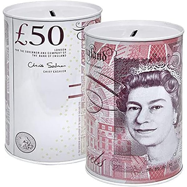 2 X £50 Sterling Bank Note MONEY TIN -Piggy Bank, Coin Tin, Cash Tin, Savings Tin, Money Box, Birthday Money, Holiday & Christmas Fund (Set of 2)