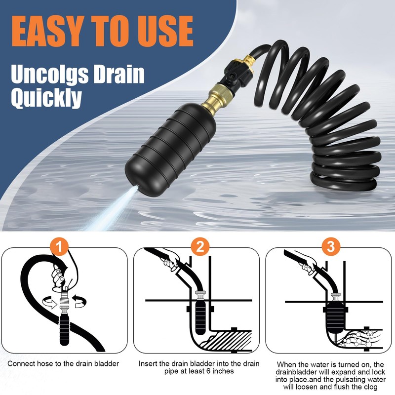 3 Pcs Drain Bladder Kit, Drain Cleaning Bladder Fits 1"