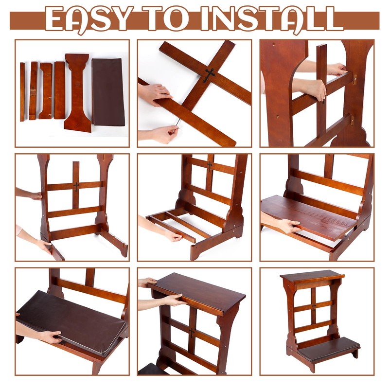 DoubleFill Solid Wood Prayer Bench Stool with Shelf and Cushion