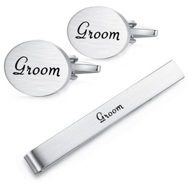 HONEY BEAR Oval Wedding Cufflinks Tie Clip Set for Mens Marriage Gift with Box,Brushed Silver,5.5cm (Groom)