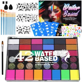 TIZZYT Professional Face Painting Kit, 42 Colors Water-Activated Makeup Palette, Stencils, Gems, Brushes