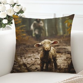 ubcindy Christian Jesus Running After Lost Lamb Throw Pillow Covers 18x18 Inch, Religious Faith Home Decor Pillow Covers, Linen Pillow Covers with Hidden Zipper for Sofa Bed Couch Car Chair or Gifts