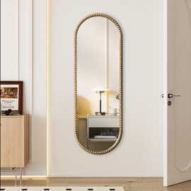 ietat Antique Gold Full Length Mirror Oval Full Body Wall Mirror Baroque Beaded Mirrors Gold Metal Framed Decorative Wall Mirror for Bedroom Entryway 47"X16"
