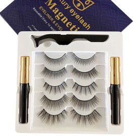 False Eyelashes 5 Pairs Magnetic False Eyelashes Set Magnetic Eyeliner and Magnetic Eyelashes Kit Natural Waterproof Ultra Light Daily Use Repeated Trimmable (Natural Makeup)