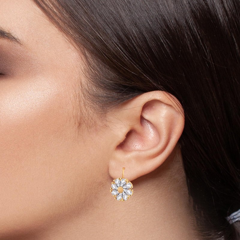 Gold Flower Earrings December Birthstone Leverback Earrings Hypoallergenic Cubic Zirconia