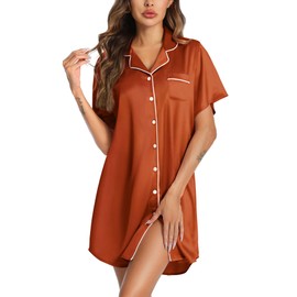 Senert Women's Satin Nightgown Short Sleeve Silk Sleepwear V Neck Sleep Dress Button Down Nightshirts Coffee,Large