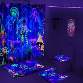 Alishomtll 4 Pcs Blacklight Astronaut Kids Shower Curtain Sets with Rugs, Cool UV Reactive Mushroom Bathroom Set with Shower Curtain and Rugs, Space Galaxy Bathroom Sets Decor for Boys