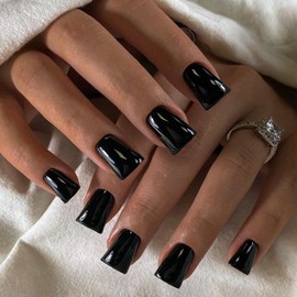 KQueenest Duck Press on Nails Medium - Summer Press on Nails Black, Glossy Opaque Fake Nails with Glue, Fit Perfectly, Reusable Soft Gel Glue on Nails for Women, 24 Pcs