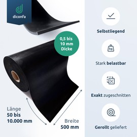 diconfa Rubber Mat Width 500 mm (50 cm) – Choice – Thickness: 1 to 10 mm – Length: 0.05 to 10 m – Selection: 100 mm (10 cm) Long, 2 mm Thick – Rubber Strips Sold by the Metre Narrow Rubber Underlay