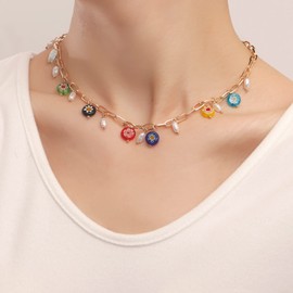 Colourful Bohemian Chain Necklace for Women, 40cm Gold-Tone Link Chain with Pearl Beads
