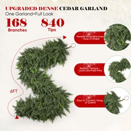 6FT Thick Christmas Garlands with 168 Cedar Branches, Real Touch Green Cedar Garland for Christmas Decorations, Artificial Greenery Garland for Table, Mantle, Wall, Indoor, Outdoor Holiday Decor