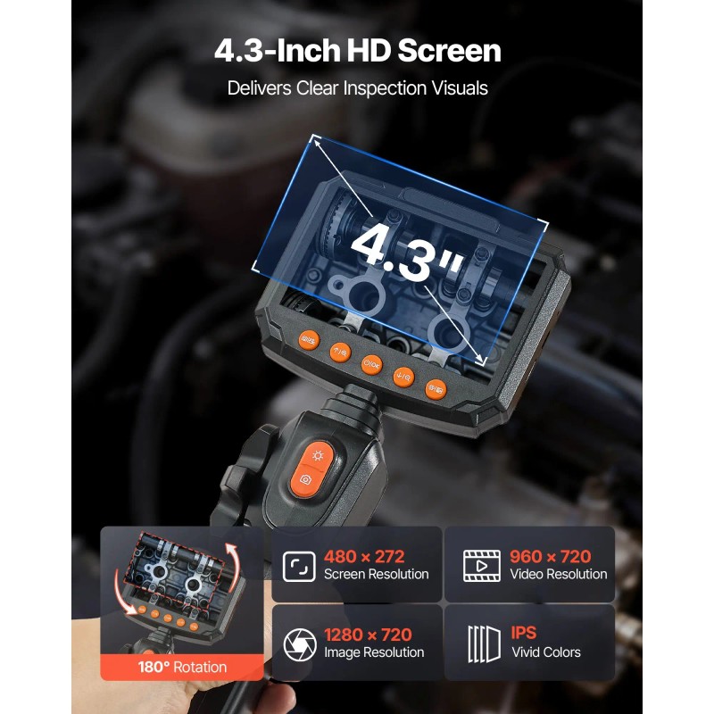 0.24\" Slim Lens 4.3\" IPS Screen 8X Zoom Articulating Borescope