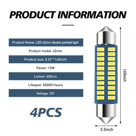 4PCS 578 LED Bulbs, 42mm LED Extremely Bright Bulbs, 6500K 2835 Chipset for LED Interior Dome Map Door Lights, Interior Car Lights, 211-2 212-2 569 6411 6451 (White)