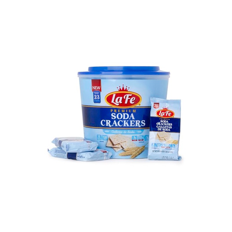 La Fe Premium Soda Crackers in a 23-count resealable Tub