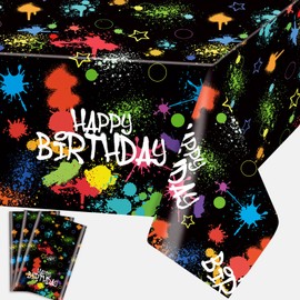 Domgoge Glow Tablecloths for Birthday Party Decoration Plastic Neon Table Covers Rectangle Paint Splatter Graffiti Black Table Cloths Disposable Party Decor Supplies, 54 x 108 Inch, 3pcs