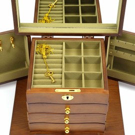 Jewelry Box with Key Lock, 4-Layer Large Organizer Box with Mirror and 2 Swing-out Cabinets, Soft Velvet Lining, for Rings Earrings Necklaces Wooden Storage Box (Brown)