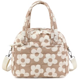 LEDAOU - Lonchera acolchada para mujer, con correa ajustable, aislante, reutilizable, para trabajo, escuela, picnic, viajes (flor grande, café)