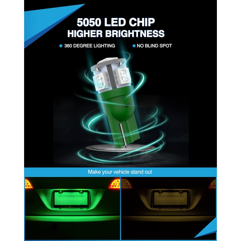 Marsauto 194 LED Light Bulb Green, 168 T10 2825 LED