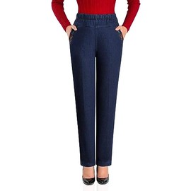 IDEALSANXUN Women’s Fleece Lined Jeans Elastic Waist Loose Straight Leg Jeans (Small, #2 Dark Blue)