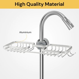 EZONEDEAL Kitchen Faucet Organizer Rack, Sponge Holder for Kitchen Sink, Double Hanging Faucet Drain Rack with Dishcloth Rack & Hooks, Silver Sink Rack Shelf for Scrubbers, Soap, Shower Caddy