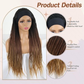Braided Wigs Ombre Brown headband wig Long Crochet Braids Wig for Black Women Box Braid Crochet Hair with Headband Attached Synthetic Box Braids Headband Wig 30Inch