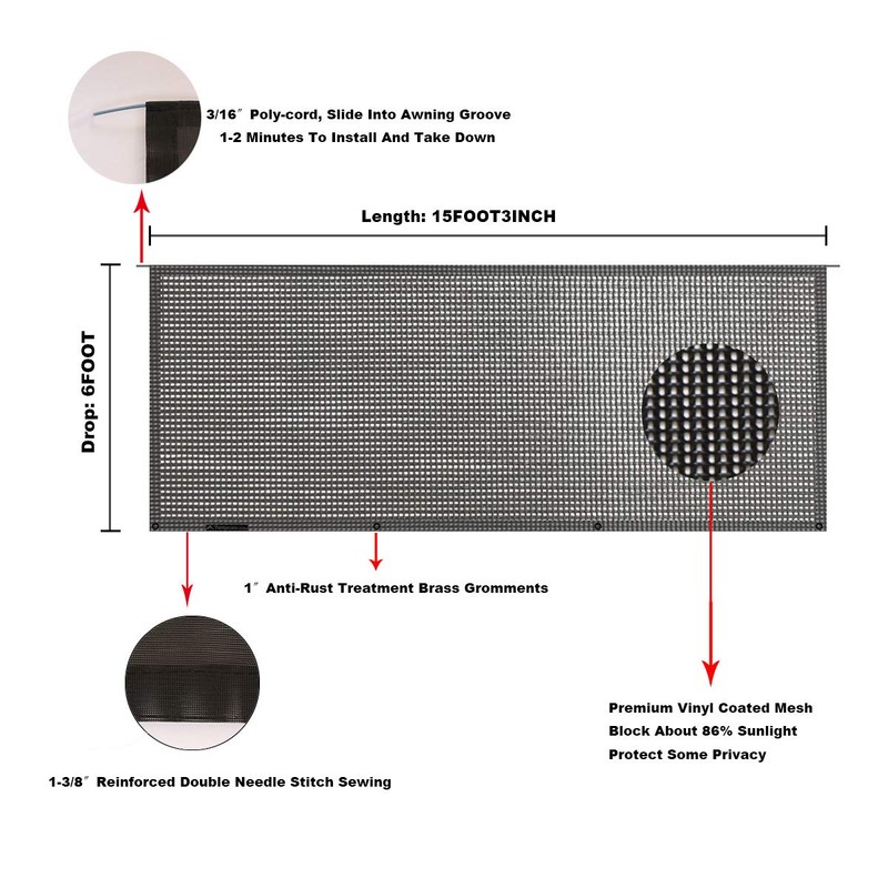 Tentproinc RV Awning Sun Shade Screen 6' X 15' 3''