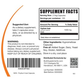 BULKSUPPLEMENTS.COM Psyllium Husk Capsules - Fiber Supplement for Digestive Support - Vegan, Unflavored, Gluten Free - 2 Capsules per Serving - 4-Month Supply (240 Veg Capsules)