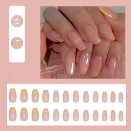 Colorful French Tip False Nails Coffin, SXVME Rainbow French Press on Nails Medium Short Ballerina Fake Nails Full Cover Nude Acrylic Nails Glossy Glue on Nails Press ons for Nail Art 24 Pcs