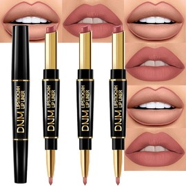 evpct 3Pcs Dusty Antique Rose Lip Liner and Lipstick Set Kit for Women DNM Nude Beige Mauve Matte Fall Lipstick Shades Set Lip Stain Long Lasting Lipstick 24 hour Waterproof and Lip Liners Pencil Set