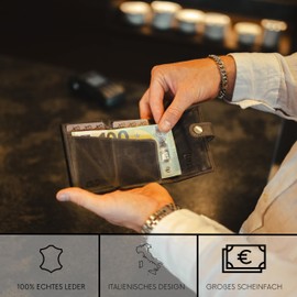 BAUR Slim Wallet with Coin Compartment, Genuine Leather Credit Card Holder for Men, Aluminium Pop-Up Case with RFID Protection, Smart Wallet, Small Wallet, Buffalo Leather Grey, Zipped coin pocket