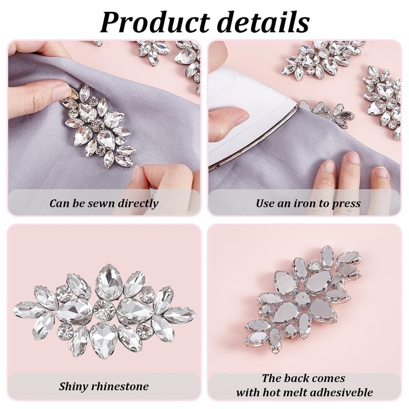 FREEBLOSS 8Pcs Rhinestone Applique Silver Sew On Appliques Rhinestone Patches