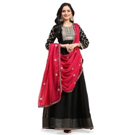 TRENDMALLS Women's Rangoli Silk Embroidery Anarkali Kurta Set with Dupatta for Women (G237-Black-XXL)