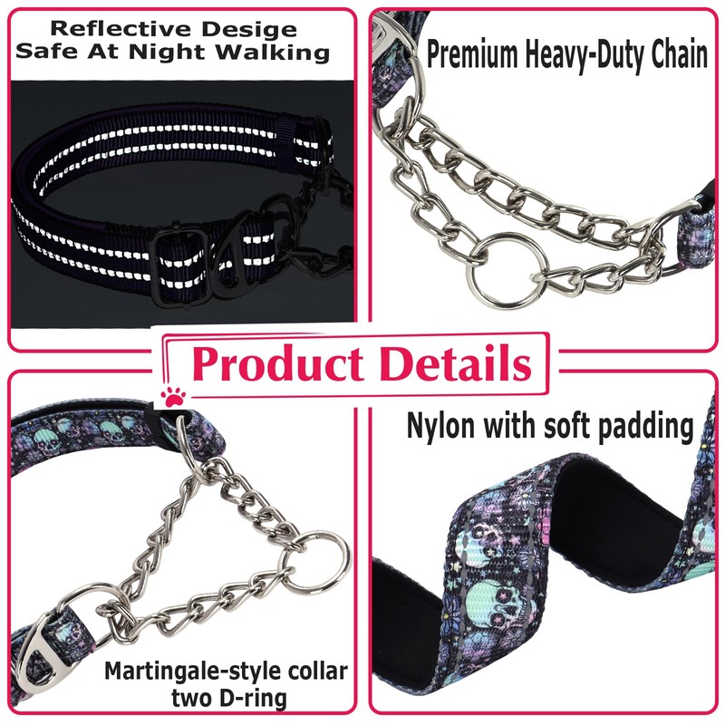 Martingale Dog Collar with Chain,Skull Reflective Nylon Soft Padded Adjustable