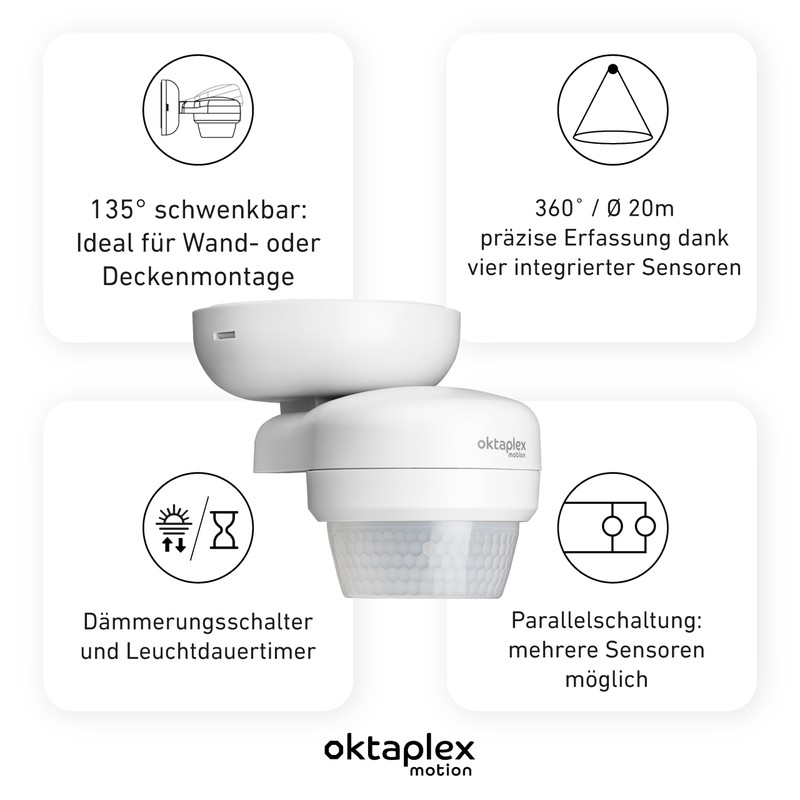 Oktaplex Mia Motion Sensor Outdoor 360 Degree Swivelling IP65 Surface-Mounted