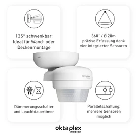 Oktaplex Mia Motion Sensor Outdoor 360 Degree Swivelling IP65 Surface-Mounted Motion Sensor 10 m Range 230 V White