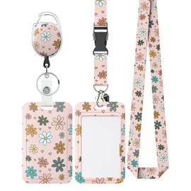 Uniclife Floral Sliding Badge Holder Pink Flower Plastic Case with Retractable Badge Reel Carabiner Clip and Detachable Lanyard Strap Hard Vertical Card Protector for Women Nurse Teacher Student