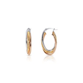 Sterling Silver Tricolor Hoop Earrings, Spiral Design Oval Shape Hoops