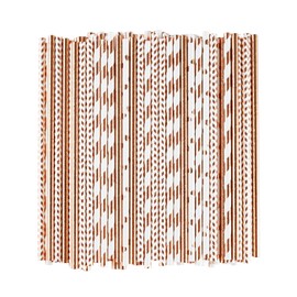 ALINK Biodegradable Rose Gold Paper Straws Bulk, Pack of 100 Metallic Foil Striped/Wave/Heart Straws for Birthday, Wedding, Bridal/Baby Shower, Celebrations and Party Supplies