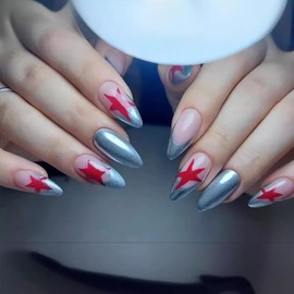 FIEONCIY Press on Nails Almond Shape-Glossy Full Cover Acrylic Silver French False Nails with Star Designs Artificial Medium Almond Pointed Fake Nails Glue ons Nails Stick on Fingernails for Women