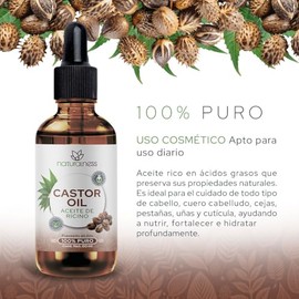 Aceite de Ricino 100% Puro y Orgánico 60 ml | Castor Oil Prensado en Frío, Sin Hexanos | Crecimiento de Cabello, Pestañas y Cejas | Engrosa Barba | Hi