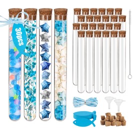 30pcs Plastic Test Tubes, Test Tubes 20ML Test Tubes with Cork Transparent Test Tubes with 35 Blue Fish Cards + 10 m Blue Ribbon + 2 Small Funnels + 1 Brush for Wedding Party Decorations(150 * 20mm)
