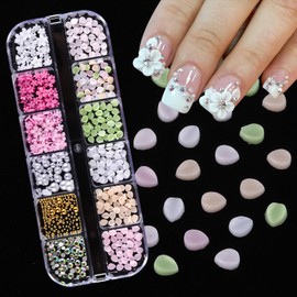 Jremg Flower Nail Charms 3D Resin Colorful Petals Charms for Acrylic Nails Cute Floral Blossom Pearl Nail Decorations Spring Summer Flatback Petals Nail Accessories for Women DIY Manicure 12 Grids