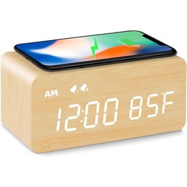 Digital Wooden Alarm Clock with Wireless Charging, 0-100% Dimmer, Dual Alarm, Weekday/Weekend Mode, Snooze, Wood LED Clocks for Bedroom, Bedside, Desk, Kids - Colour: Bamboo