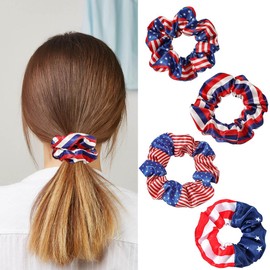 4 Packs 4th of July Hair Scrunchies Patriotic Elastic Scrunchy Ponytail Holders Hair Ties USA Flag Star Design Hair Bands Independence Day Silk Satin Scrunchy Hair Accessories for Women Girls