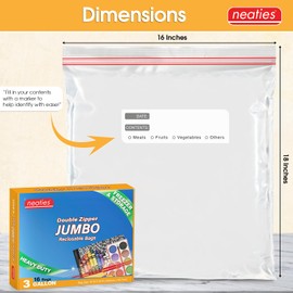 Neaties 3 Gallon Plastic Storage Bags with Double Zipper Top, 16 x 18 inches, 2.5-mil Thick, Reusable Freezer Bags, Clear, Set of 16