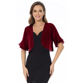 Women Shrug Soft Chiffon Open Front Sheer 3/4 Sleeve Bolero Cardigan for Evening Dress(Deep Wine Red,XL)