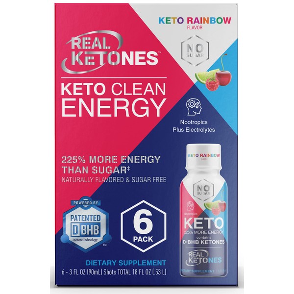 Keto Energy Shots - Exogenous Ketones Pre workout Energy Drink - 6 Pack with D BHB, Natural Caffeine, and Nootropic Blend - Rainbow Flavor by Real Ketones